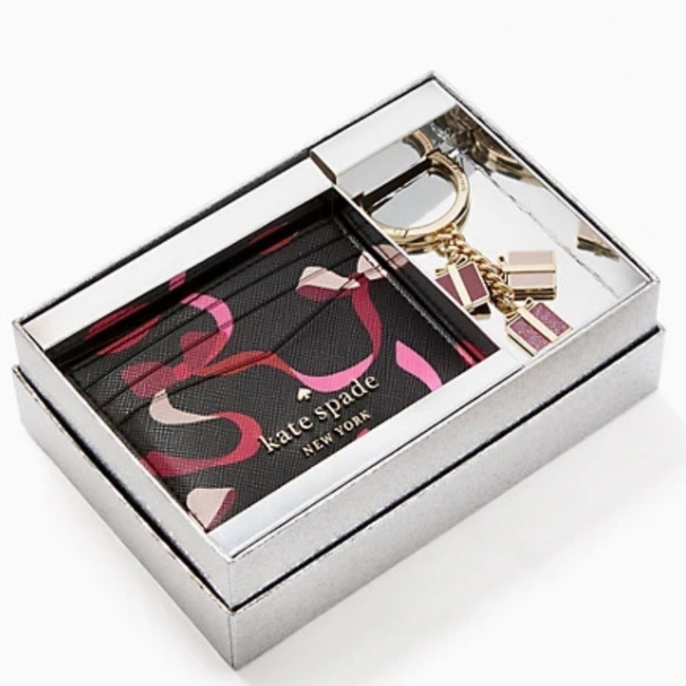 Kate Spade Staci Boxed Card Holder Small Wallet And Key Fob Ribbon Print